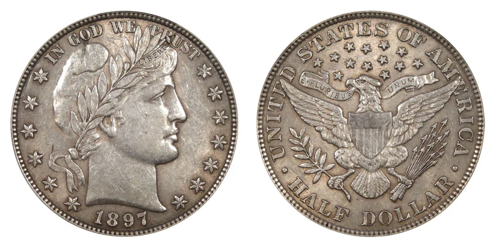 1897 Barber Half Dollar obverse and reverse showing Liberty bust and heraldic eagle