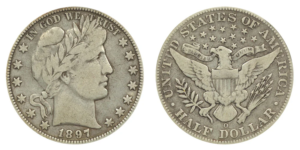 Comparison of 1897-P and 1897-O Barber half dollar reverses showing mint mark location above DOLLAR