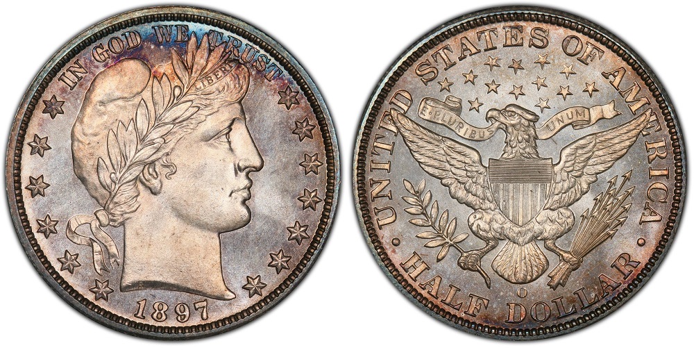 1897-O Barber half dollar reverse close-up showing New Orleans O mint mark above DOLLAR