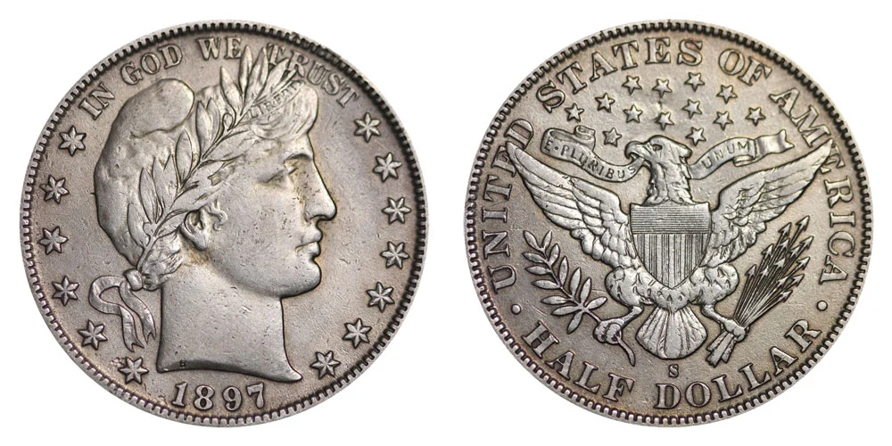 1897-S Barber half dollar reverse showing San Francisco S mint mark above DOLLAR