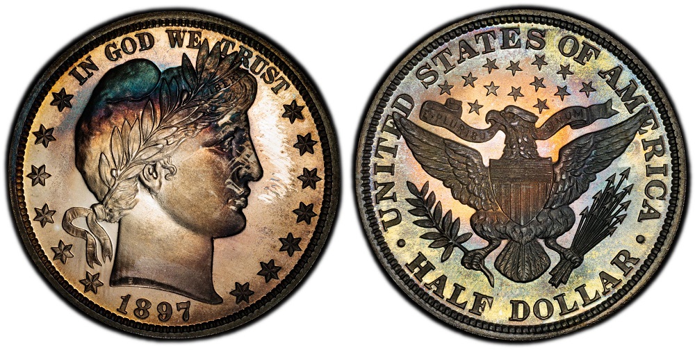 1897 Barber half dollar proof coin showing mirror fields and frosted Liberty bust