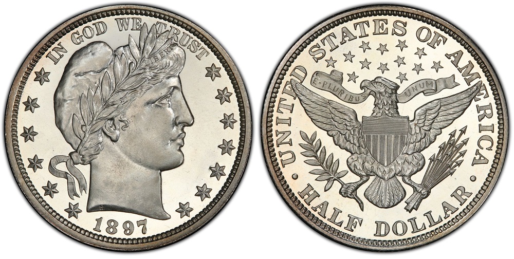 1897-P Barber half dollar prooflike business strike showing reflective mirror-like fields