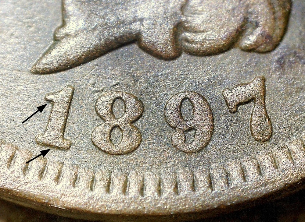 1897 Barber half dollar date close-up showing repunched date RPD doubling on digits