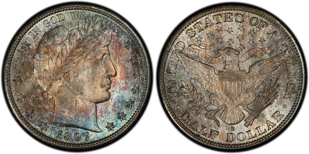 Group of 1897 Barber half dollars from Philadelphia, New Orleans, and San Francisco mints