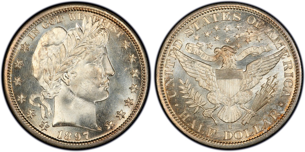 1897 Barber half dollar grading strip showing four condition levels: worn, circulated, about uncirculated, and gem mint state